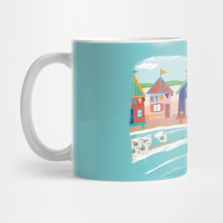 Pittoresque beach view with colorful beach huts and lighthouse. Seagulls enjoying the sea breeze at the seaside. Mug